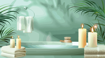 Composition with bath accessories and burning candles