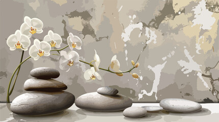 Spa stones and beautiful orchid flower on grey texture 