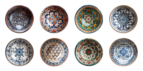 Collection of empty ceramic bowls or plates with a pattern or painted ornament isolated on a transparent background, view from above, cut out, PNG