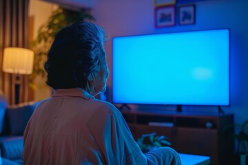 Application mockup asian woman in her 60s in front of an smart-tv with an entirely blue screen
