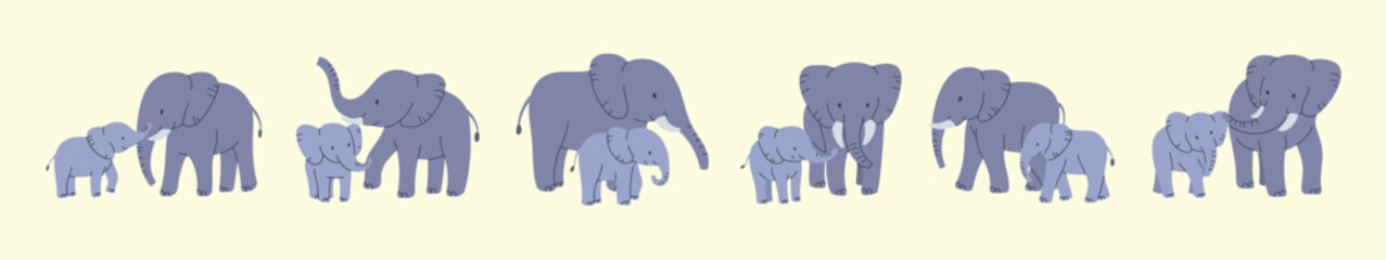 Big and baby elephant set in various poses. Animal wildlife. Flat cartoon style vector illustration