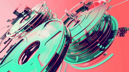 Abstract Film Reels and Projector in Anaglyph 3D Effect