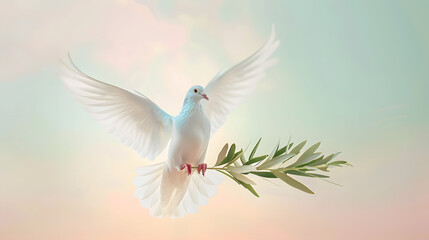 Fototapeta premium white dove or white pigeon carrying olive leaf branch on pastel background and clipping path and international day of peace