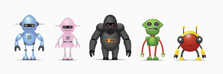 Set of cute vector robot or monster characters for kids. Vintage futuristic cyborgs and robotics