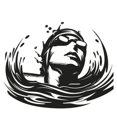 dynamic monochrome artwork featuring a swimmer with goggles