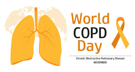 COPD awareness month. November. Medical holiday. World COPD day. Background with lungs, orange ribbon and text.