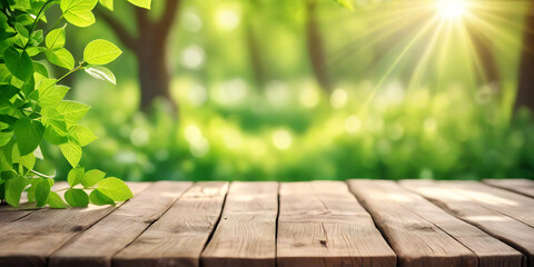 Beautiful spring background with green juicy young foliage and empty wooden table in nature outdoor. Natural template with Beauty bokeh and sunlight