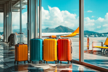 A group of colorful suitcases are sitting in front of a window at an airport. The bright colors of the suitcases contrast with the blue sky outside, creating a cheerful and lively atmosphere
