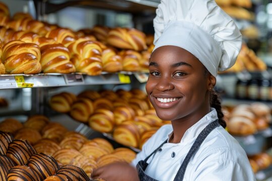 Confident female pastry chef proudly standing in her artisan bakery, exuding confidence and skill