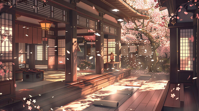 In an ancient Edo period library, scrolls and ink pots float mid-air.  soft glow of paper lanterns highlights calligraphy brushes moving on their own, scripting tales of old. 