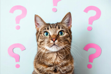 A cat is staring at a wall with pink question marks. The cat's eyes are open and it is curious about the questions. The pink background adds a playful and whimsical touch to the image