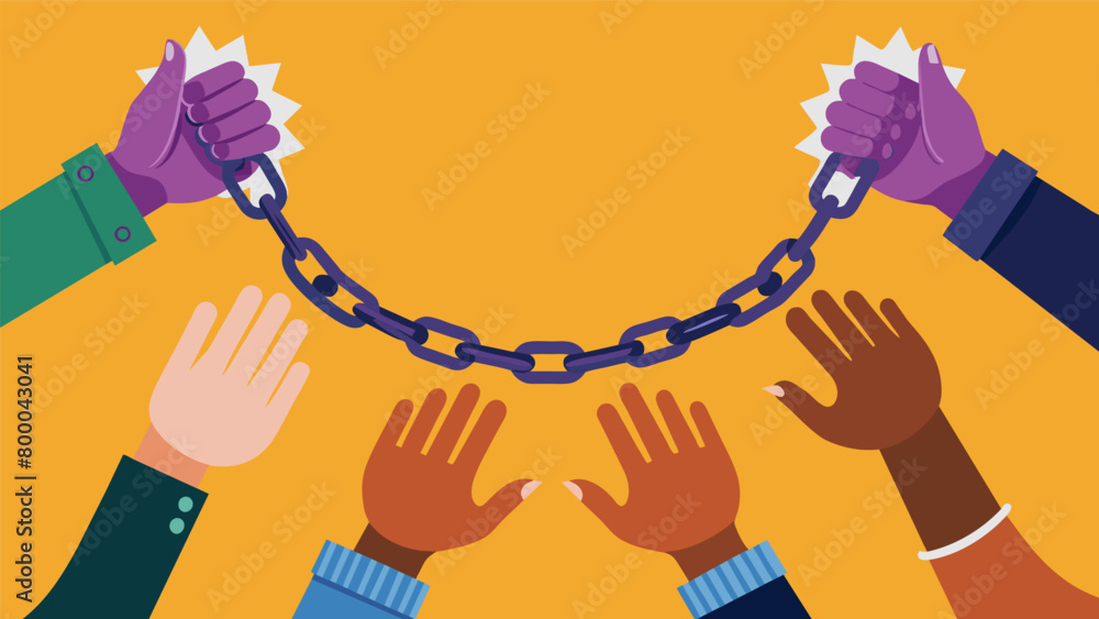 Poster hands releasing chains and shackles representing the freeing of individuals and the unification of t