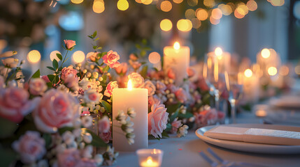 A long table with candles and flowers