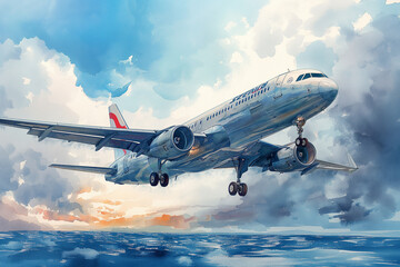 Fototapeta premium Watercolour illustration of big airplane in sky on blue and white background. Selective focus. Copy space. Travel concept 
