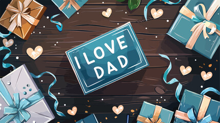 Composition with gift box and illustration LOVE DAD greeting car