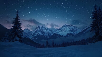 Snowy mountain range at night with trees in foreground, starry sky in background