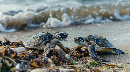 beautiful beach and blue sea polluted by waste plastic, dolphins and turtles in a polluted ocean conditions