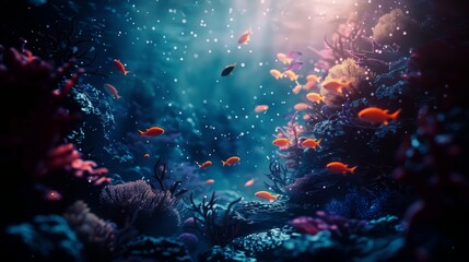 Fototapeta na wymiar Electric blue fish swim near a coral reef in the dark ocean landscape