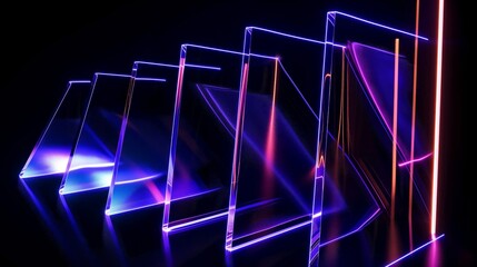 Abstract 3d background wallpaper with glass squares with colorful light emitter iridescent neon holographic gradient. Design visual element for banner header poster or cover.