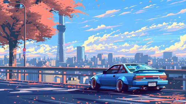 Fototapeta wallpaper jdm car overlooking tokyo.
