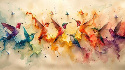 Colorful hummingbirds and musical notes in a vibrant watercolor design