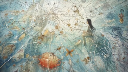 Intricate watercolor painting depicting a girl traversing a symbolic web-filled universe with varied natural elements.