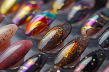 Various nails art examples on a stand