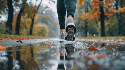 Low angle closeup photo of woman sport shoes runing in the park in rainy weather