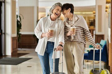 A tender moment shared by a senior lesbian couple in a hotel.