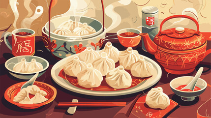 Composition with tasty dumplings on table Vectot styl