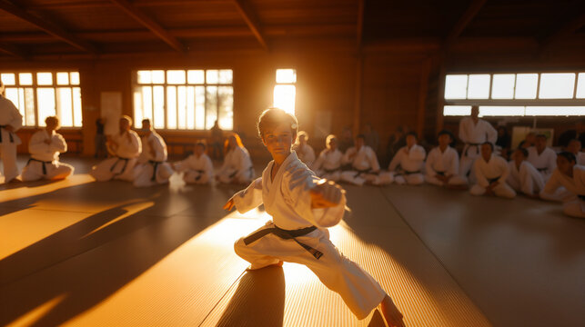 Kid's training practice on karate-do in a dojo with friends watching in the background,martial arts concept.
