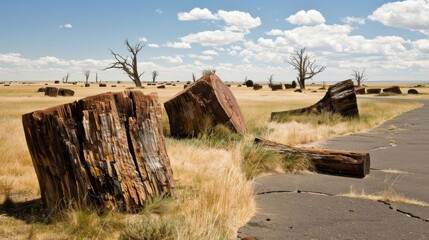 Petrified logs and cracked earth under a clear sky in a vast desert landscape