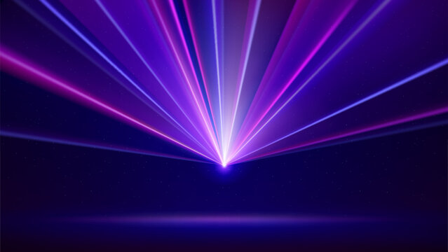 Laser light show. Bright led laser beams, dj light party. Illuminated blue pink stage, led strobe lights. Background, backdrop for displaying products. Vector illustration