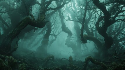 Fototapeta premium A mysterious forest with fogcovered trees and branches in darkness