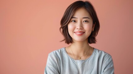 Image of confident asian woman standing over white background