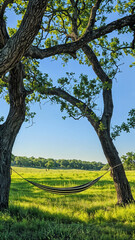 Cozy Hammock Tied to Oaks in Green Field