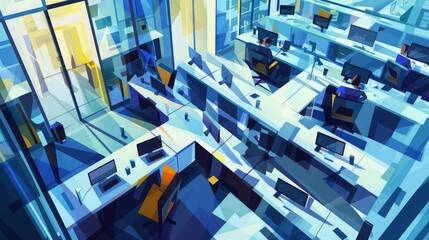An office painting with multiple computers on desks