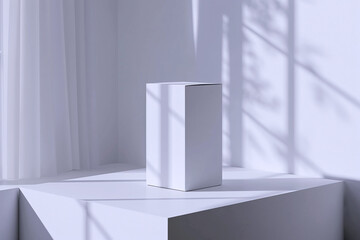 Minimalistic White Cube Box on a Geometric Background with Shadows Product Mockup - obrazy, fototapety, plakaty