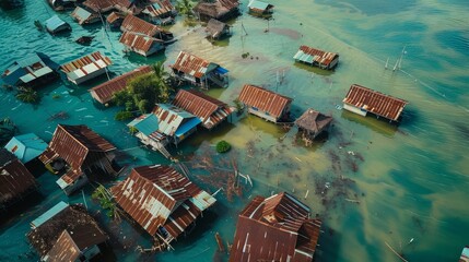 Aerial flood view: climate migration push factor, suitable for environmental studies