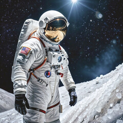 An astronaut in a spacesuit stands on a moon surface with ice formations in the background. AI Generative