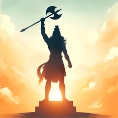 Illustration of a lord parshuram silhouette against a sunset background in a watercolor style. - obrazy, fototapety, plakaty
