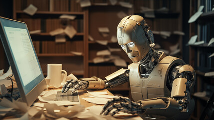 Robot Engrossed in Work Amidst a Paperwork Storm - obrazy, fototapety, plakaty