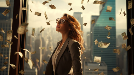 Successful Businesswoman Amidst Flying Money in City - obrazy, fototapety, plakaty