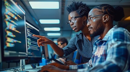 Two african american young people man and woman software engineers conding at desk with computer in office talking and poiting