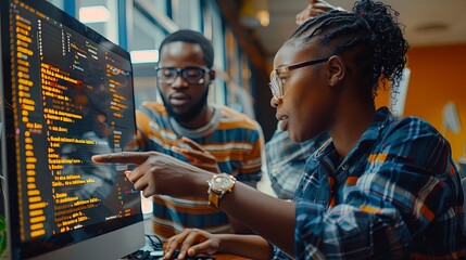 Businesswoman and man african american it engineers collaborating together indoors writing code on computer monitor using laptop