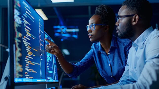 Two black man and woman software engineers in office collaborating in software development writing code at desk programming at laptop
