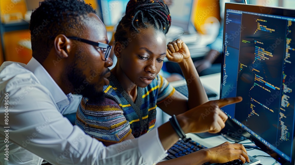 Wall mural black man and woman software developers working together writing code in office on computer sitting 