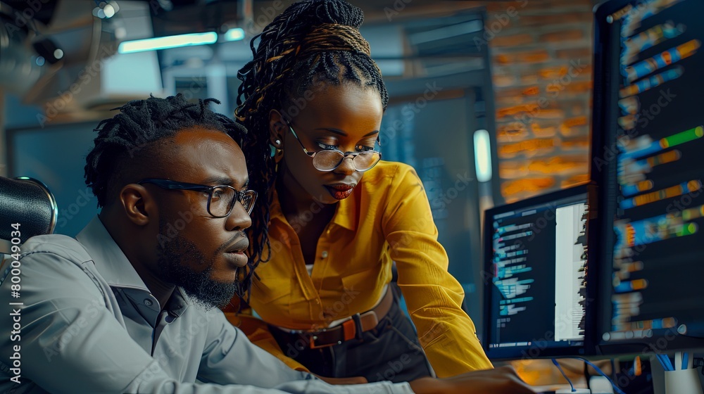 Wall mural man and woman african american software developers collaborating at workplace conding at computer in
