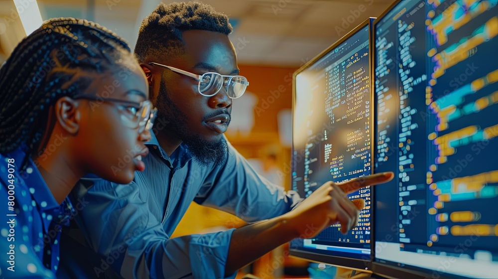 Wall mural man and woman african american software developers collaborating at workplace conding at computer in