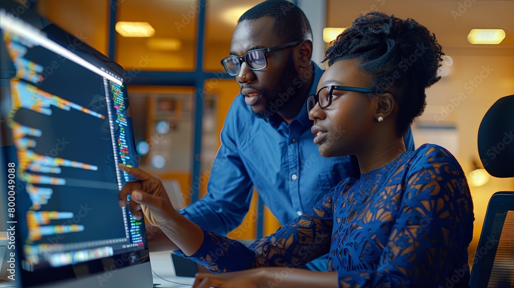 Wall mural black man and woman software developers working together writing code in office on computer sitting 